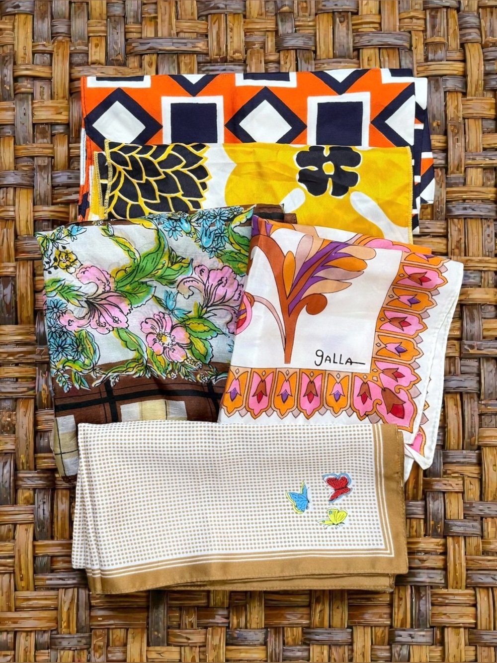 5 Vintage Scarves Head Scarf Floral Geometric Italy Japan